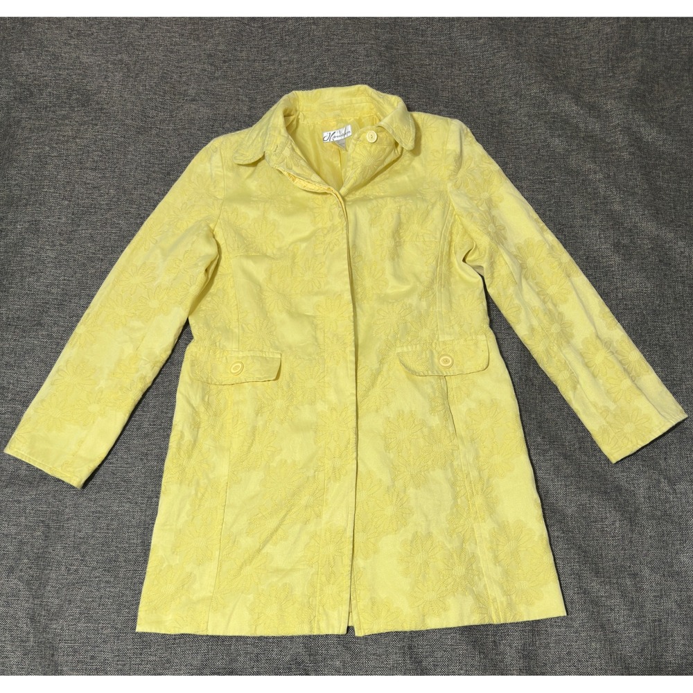 Dressbarn Womens 16 Jacket Yellow Floral Embroidered Button Front Trench Coat
